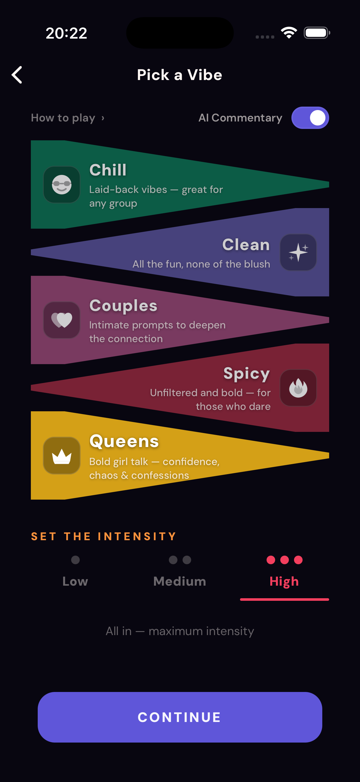 VybeAfterDark mode selection screen